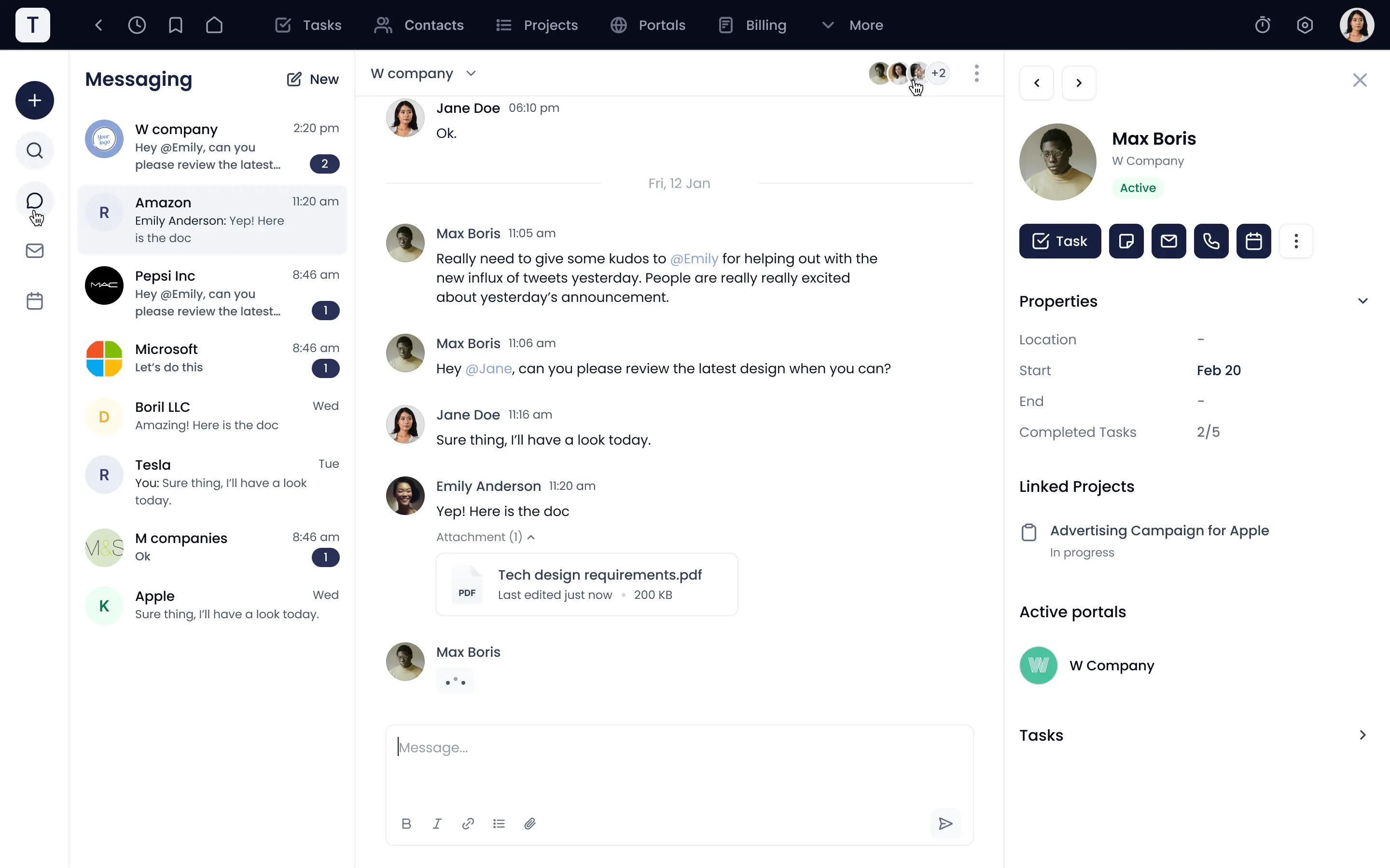 Hubflo workspace showing client messages, projects, files and contact details